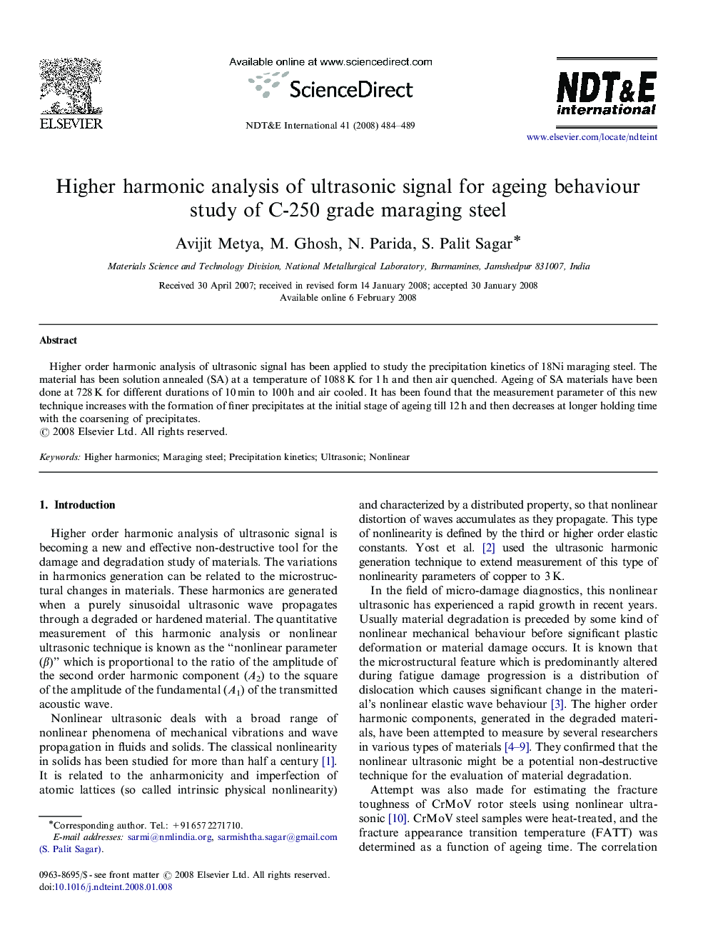 Higher harmonic analysis of ultrasonic signal for ageing behaviour study of C-250 grade maraging steel