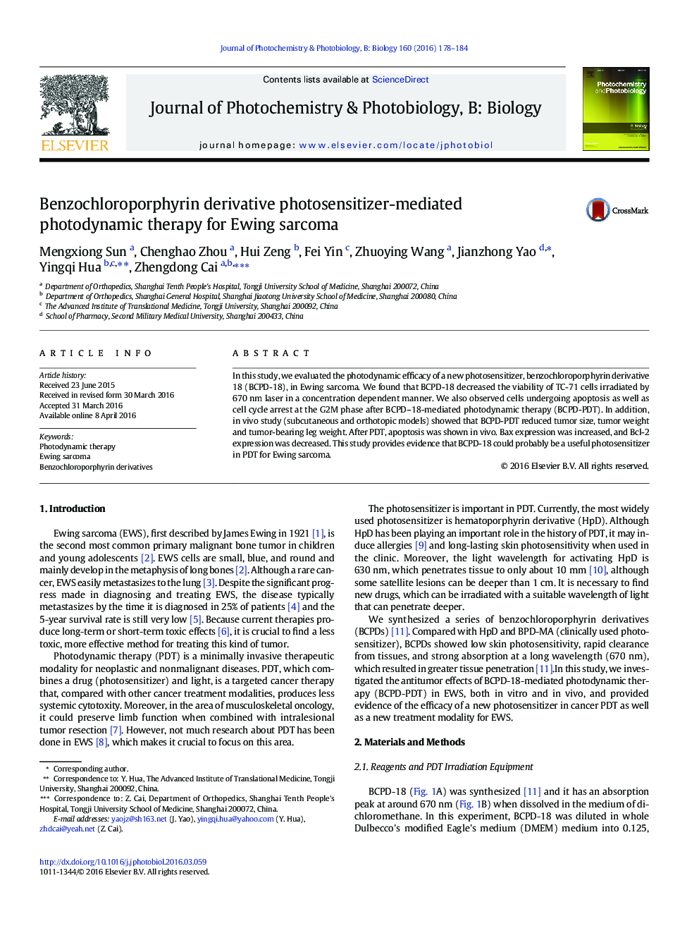 Benzochloroporphyrin derivative photosensitizer-mediated photodynamic therapy for Ewing sarcoma
