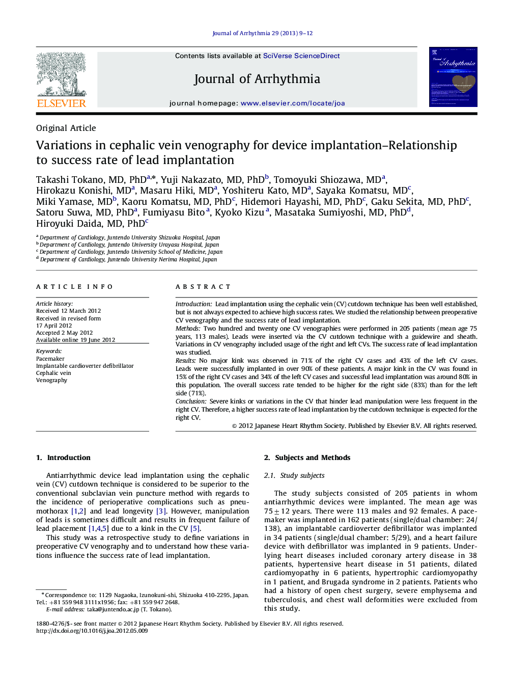 Variations in cephalic vein venography for device implantation–Relationship to success rate of lead implantation