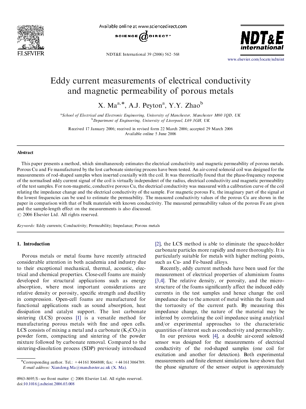 Eddy current measurements of electrical conductivity and magnetic permeability of porous metals