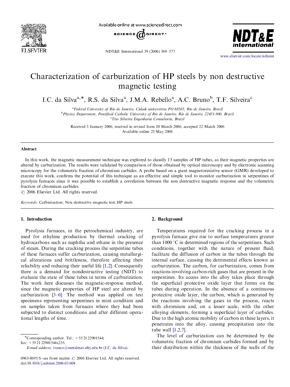 Characterization of carburization of HP steels by non destructive magnetic testing