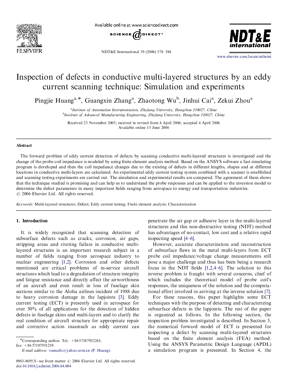 Inspection of defects in conductive multi-layered structures by an eddy current scanning technique: Simulation and experiments