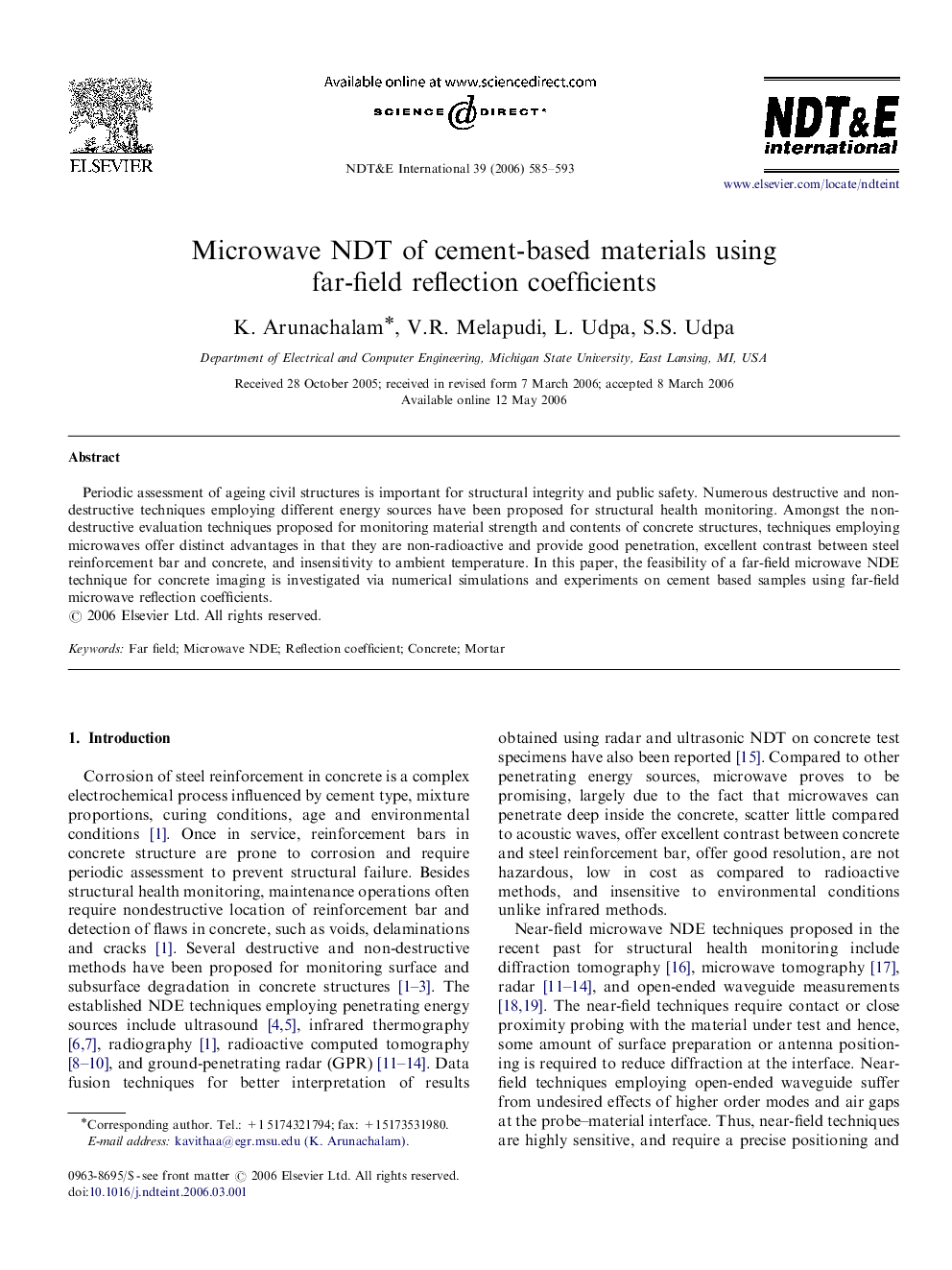 Microwave NDT of cement-based materials using far-field reflection coefficients