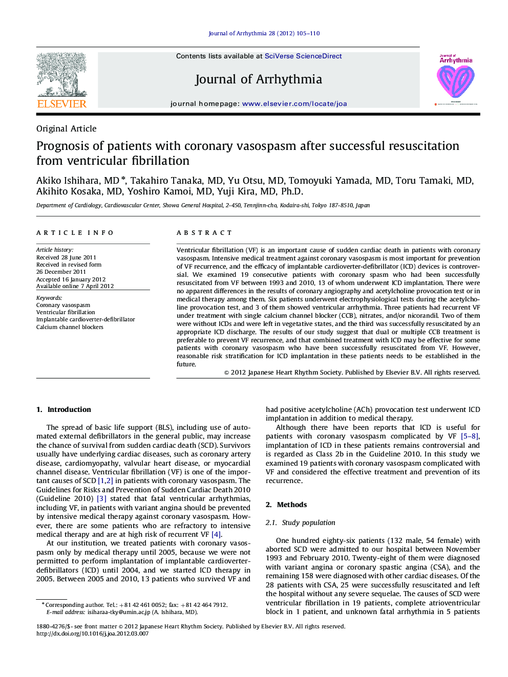 عکس صفحه اول مقاله: Prognosis of patients with coronary vasospasm after successful resuscitation from ventricular fibrillation Prognosis of patients with coronary vasospasm after successful resuscitation from ventricular fibrillation