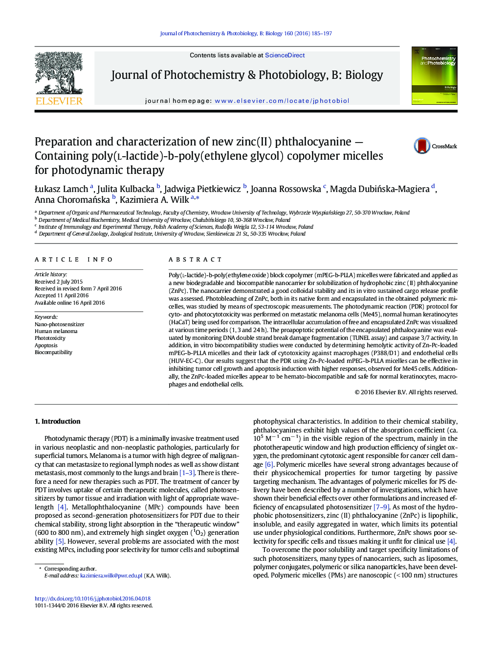 Preparation and characterization of new zinc(II) phthalocyanine — Containing poly(l-lactide)-b-poly(ethylene glycol) copolymer micelles for photodynamic therapy