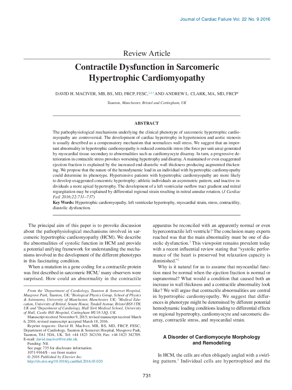 Contractile Dysfunction in Sarcomeric Hypertrophic Cardiomyopathy 