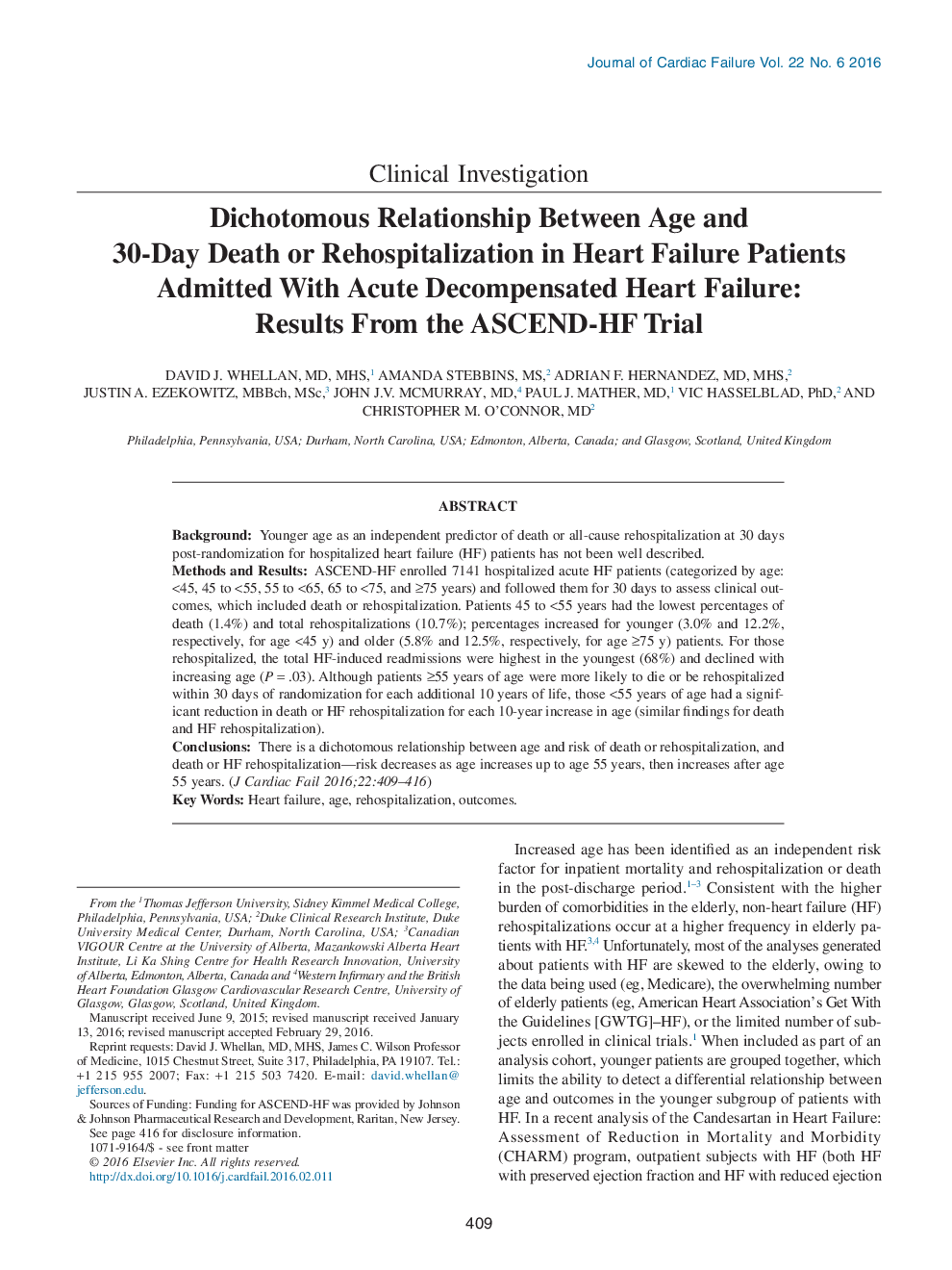 Dichotomous Relationship Between Age and 30-Day Death or Rehospitalization in Heart Failure Patients Admitted With Acute Decompensated Heart Failure: Results From the ASCEND-HF Trial 