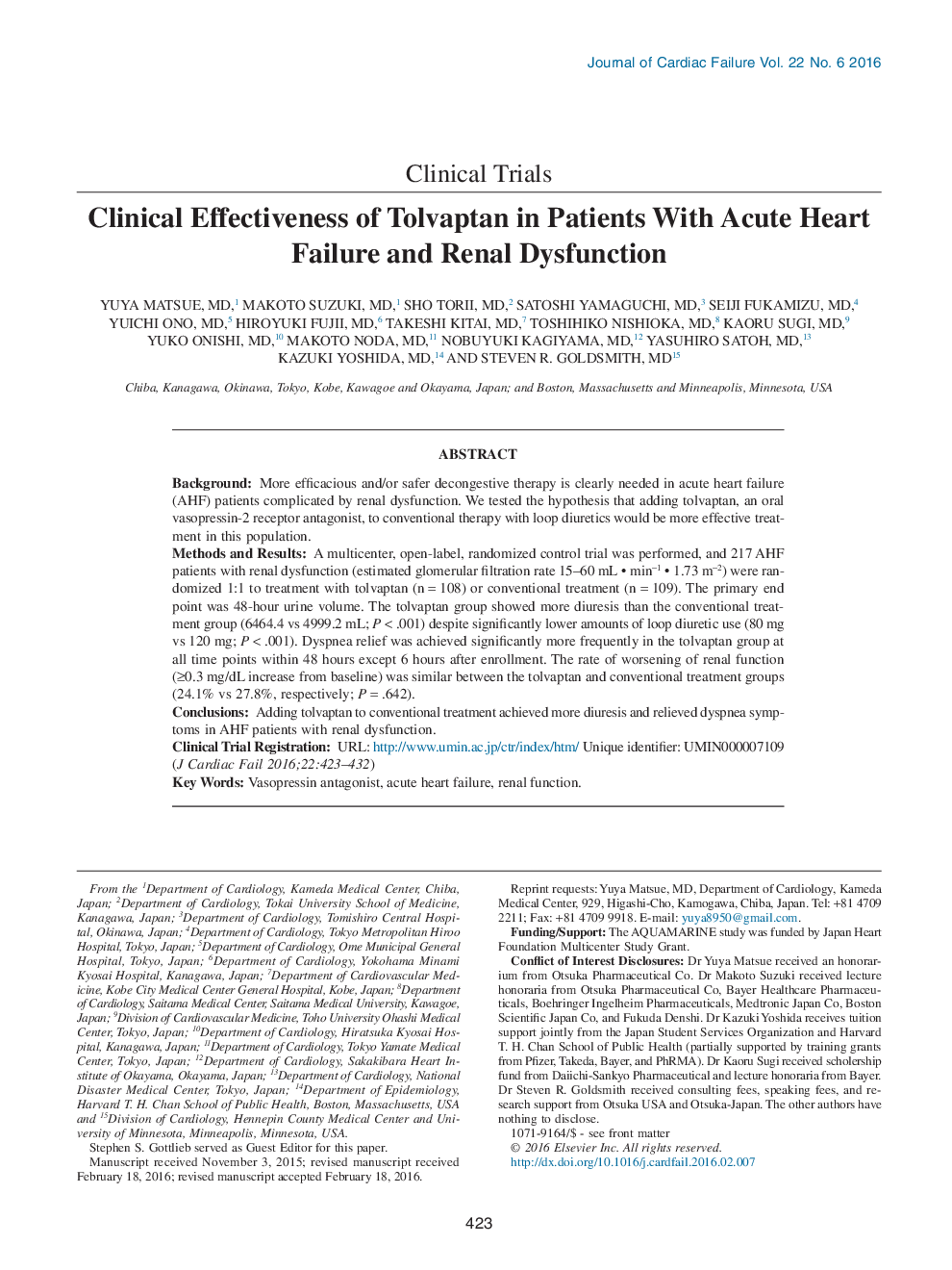 Clinical Effectiveness of Tolvaptan in Patients With Acute Heart Failure and Renal Dysfunction 