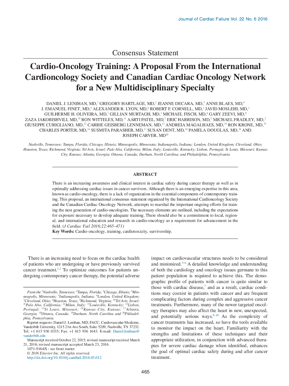 Cardio-Oncology Training: A Proposal From the International Cardioncology Society and Canadian Cardiac Oncology Network for a New Multidisciplinary Specialty