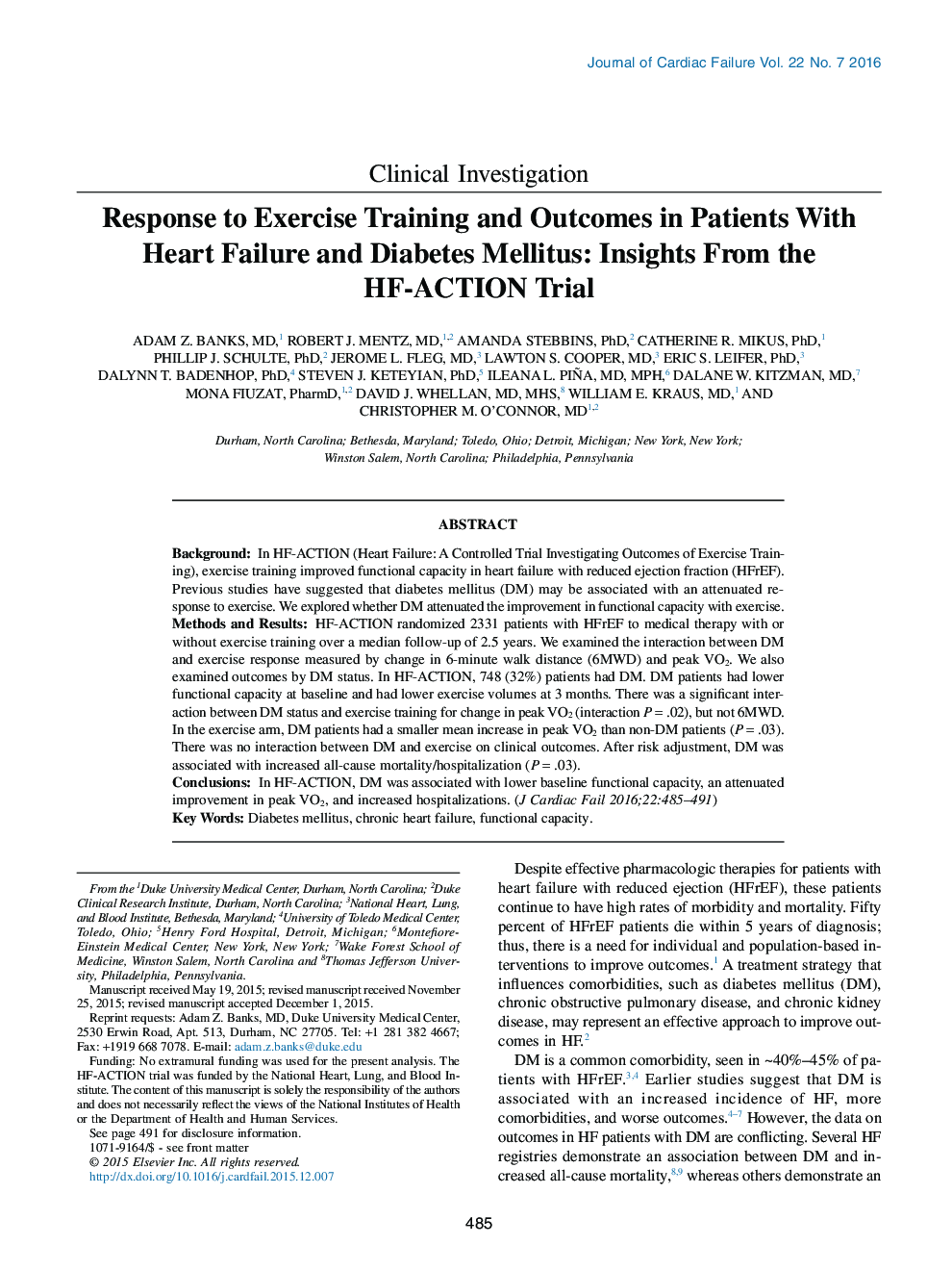 Response to Exercise Training and Outcomes in Patients With Heart Failure and Diabetes Mellitus: Insights From the HF-ACTION Trial 