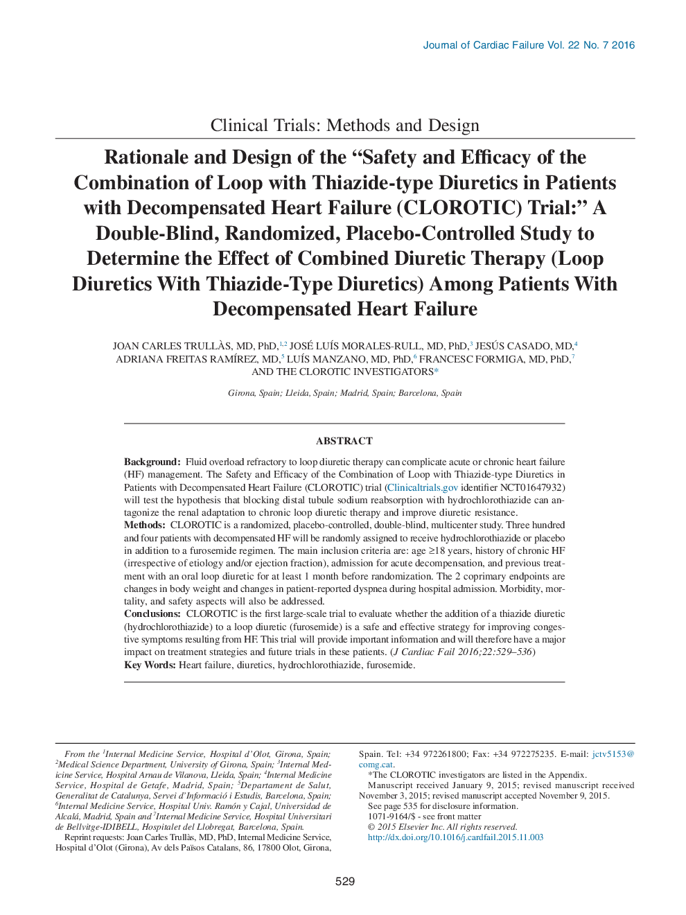 Rationale and Design of the “Safety and Efficacy of the Combination of Loop with Thiazide-type Diuretics in Patients with Decompensated Heart Failure (CLOROTIC) Trial:” A Double-Blind, Randomized, Placebo-Controlled Study to Determine the Effect of Combin