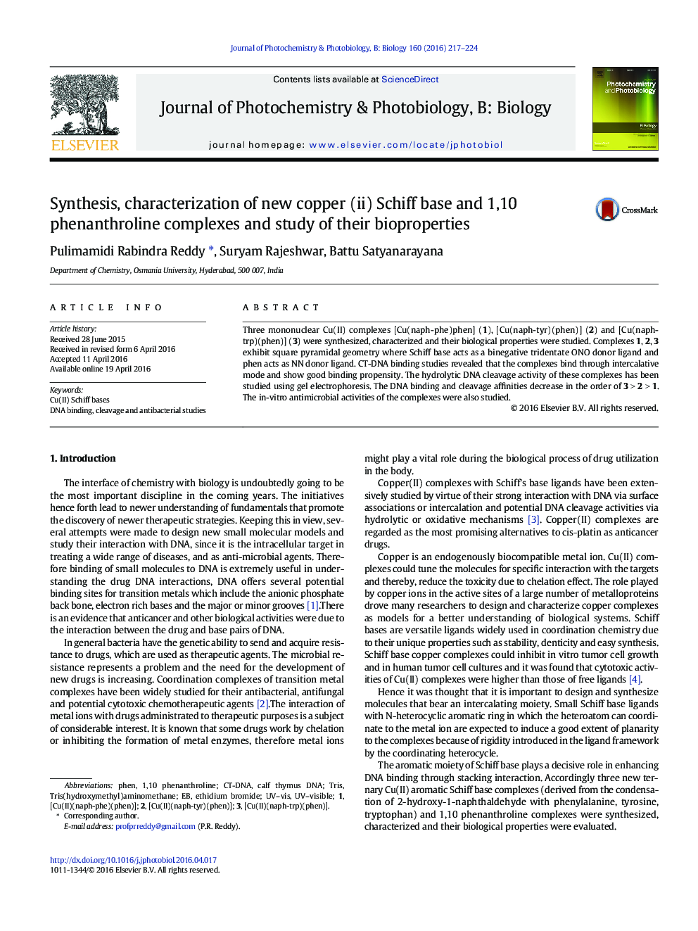 Synthesis, characterization of new copper (ii) Schiff base and 1,10 phenanthroline complexes and study of their bioproperties