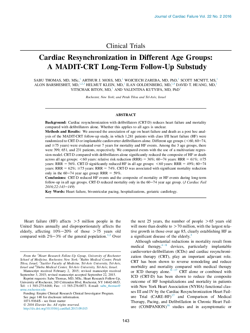 Cardiac Resynchronization in Different Age Groups: A MADIT-CRT Long-Term Follow-Up Substudy 