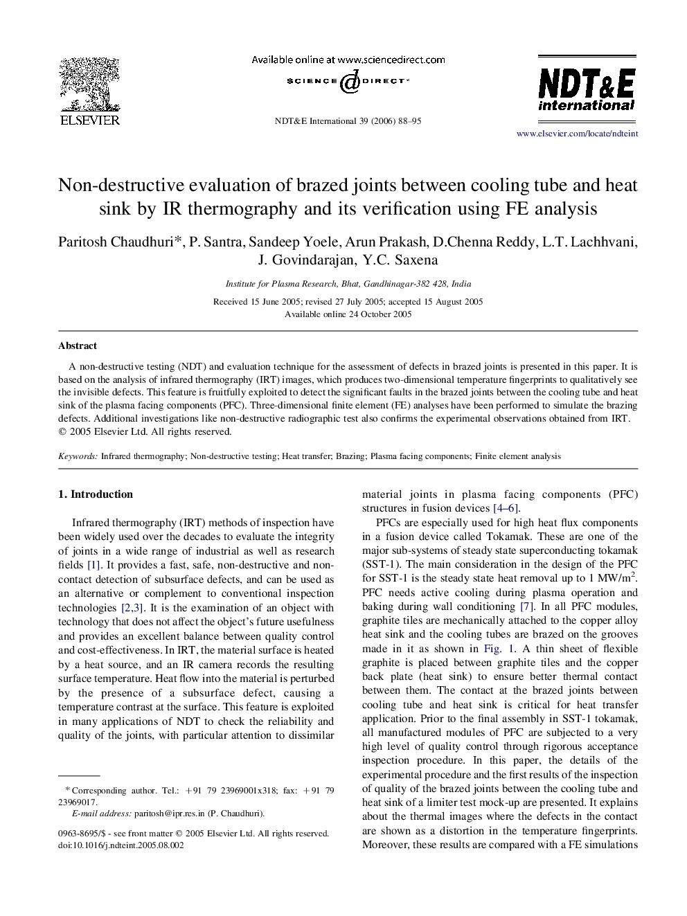 Non-destructive evaluation of brazed joints between cooling tube and heat sink by IR thermography and its verification using FE analysis