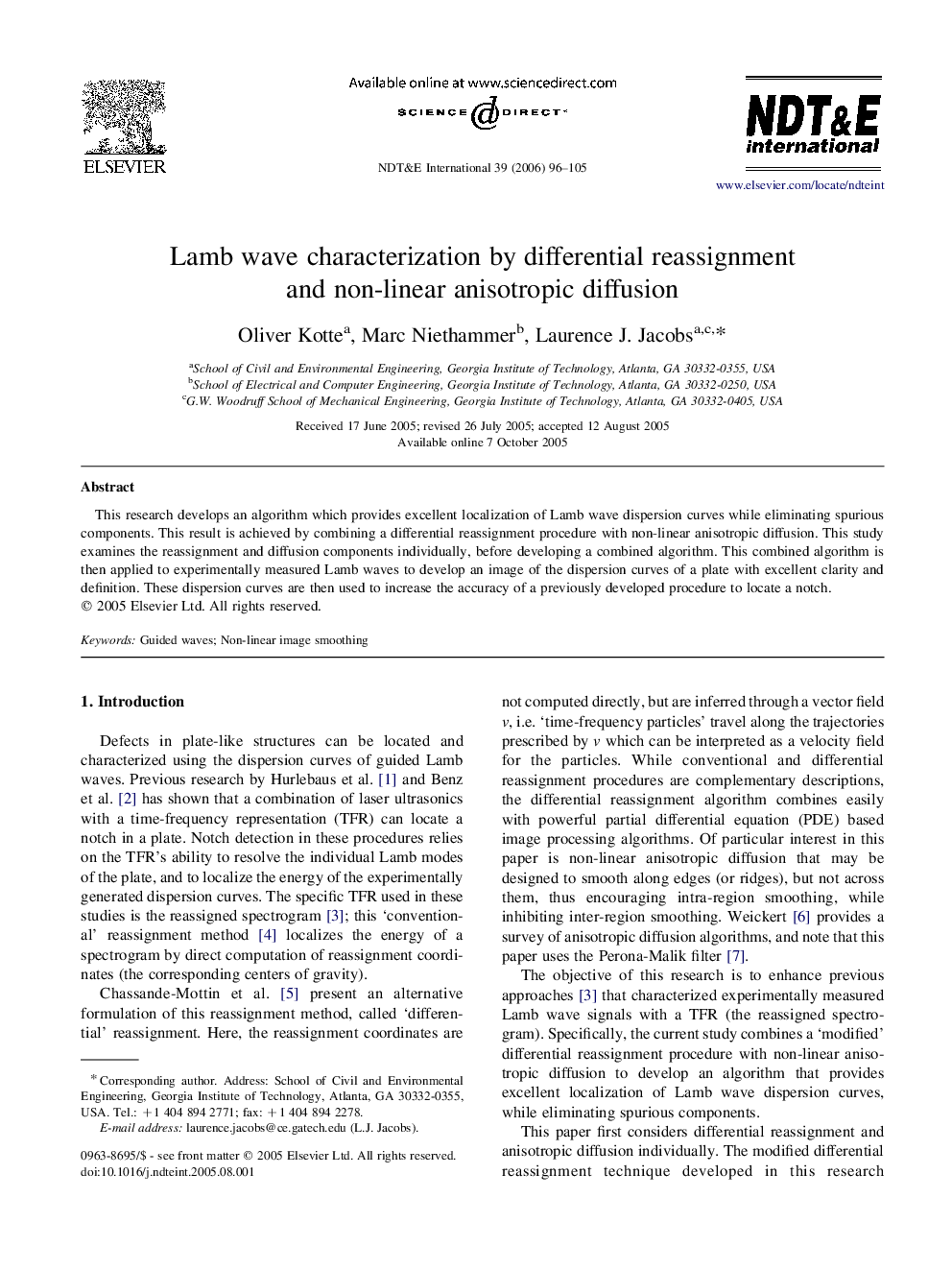 Lamb wave characterization by differential reassignment and non-linear anisotropic diffusion