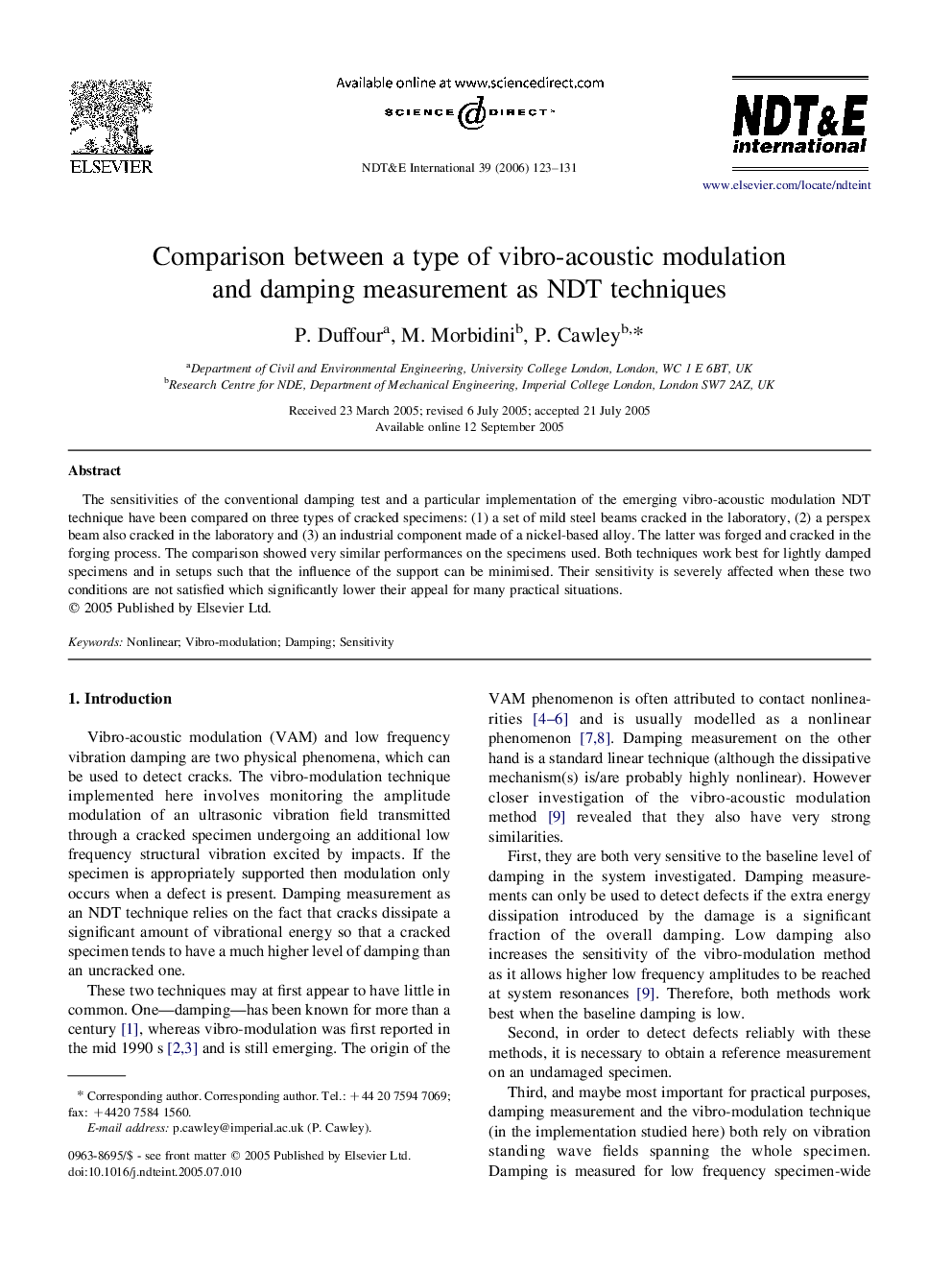 Comparison between a type of vibro-acoustic modulation and damping measurement as NDT techniques