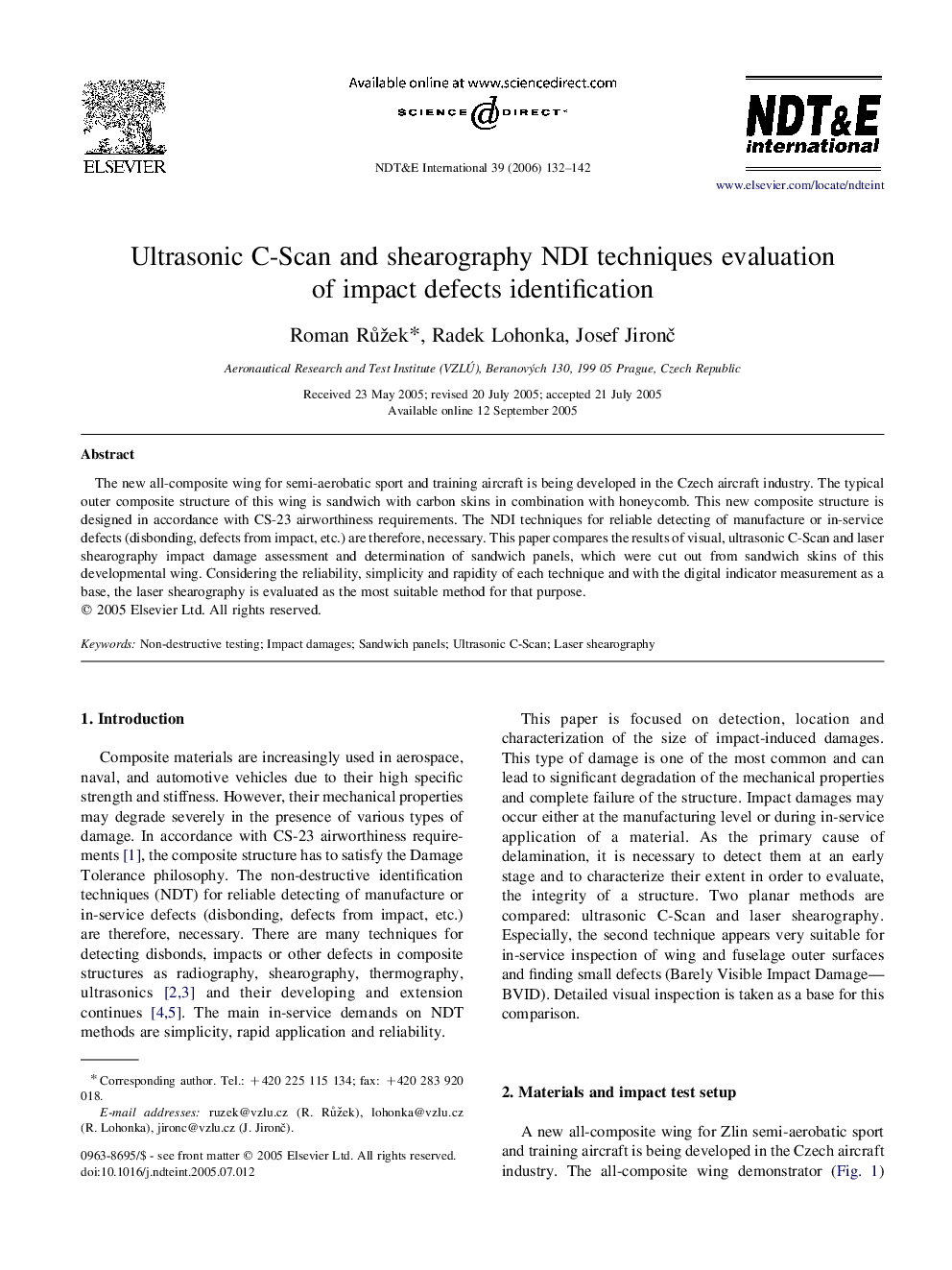 Ultrasonic C-Scan and shearography NDI techniques evaluation of impact defects identification