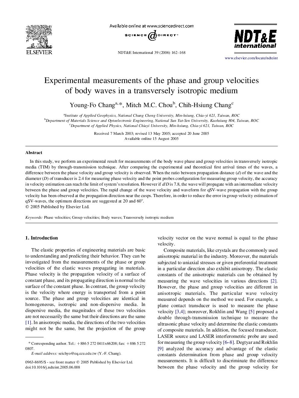 Experimental measurements of the phase and group velocities of body waves in a transversely isotropic medium