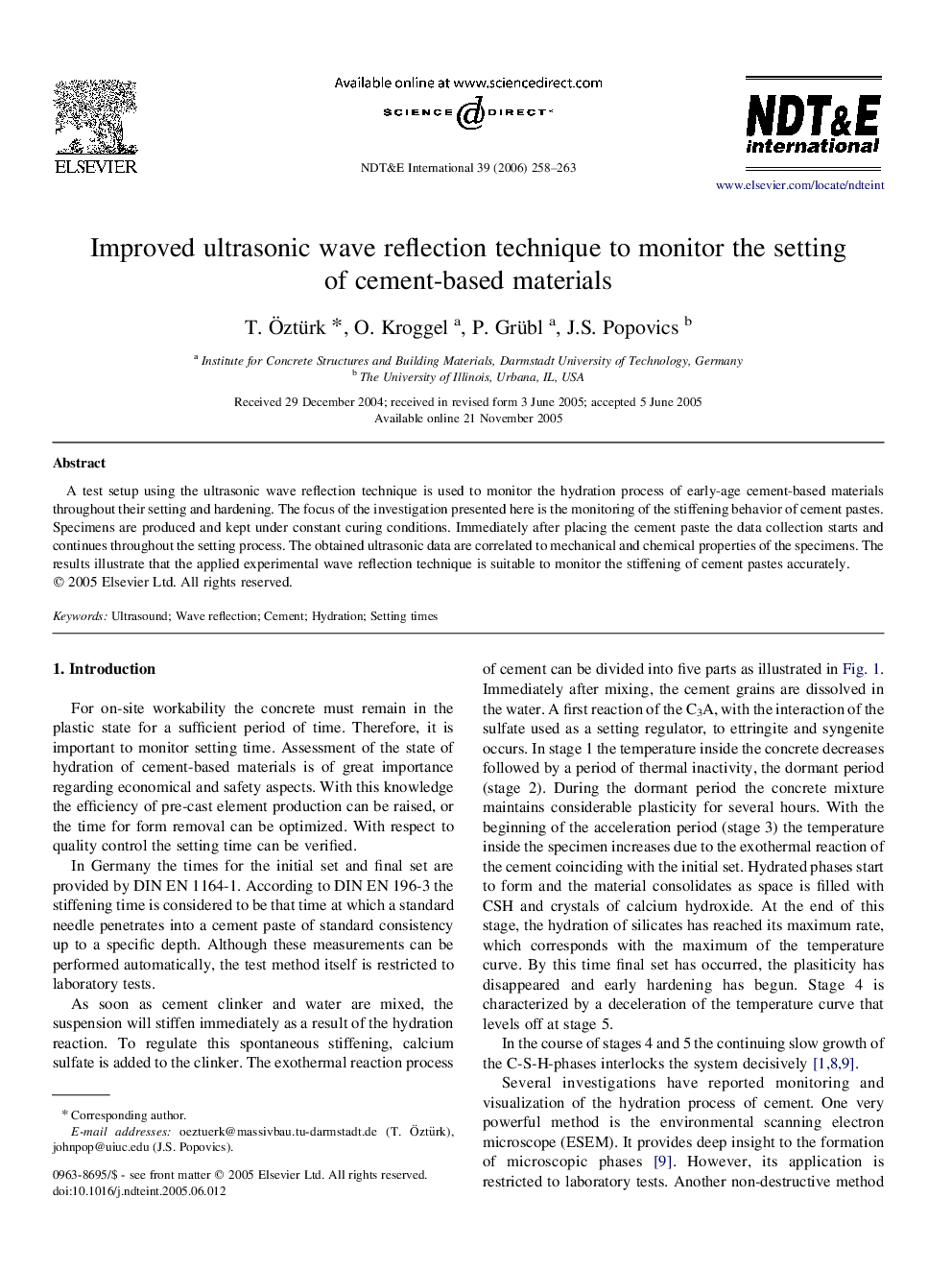 Improved ultrasonic wave reflection technique to monitor the setting of cement-based materials