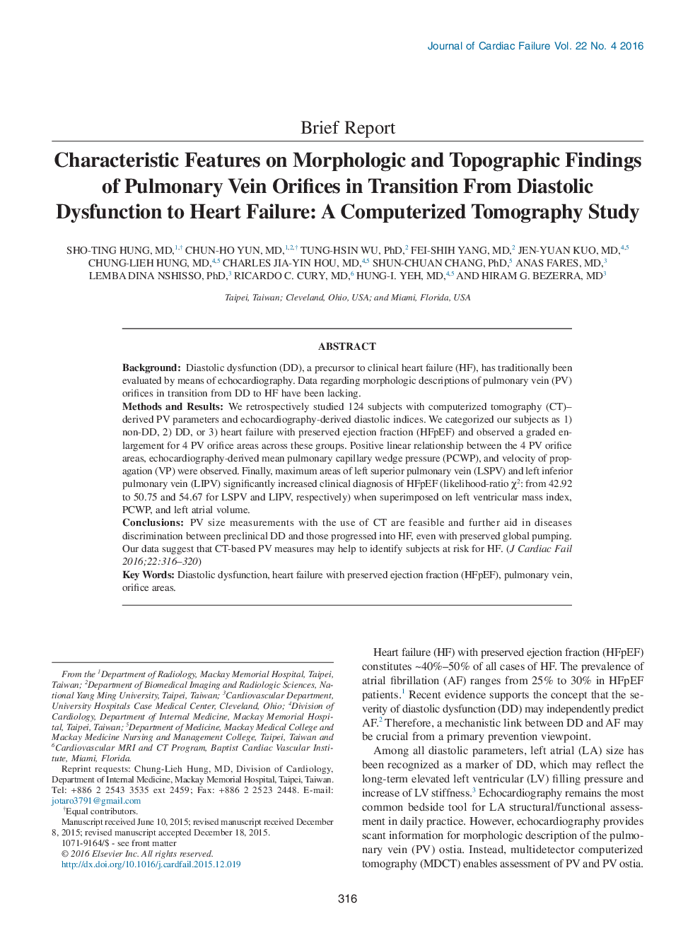 Characteristic Features on Morphologic and Topographic Findings of Pulmonary Vein Orifices in Transition From Diastolic Dysfunction to Heart Failure: A Computerized Tomography Study