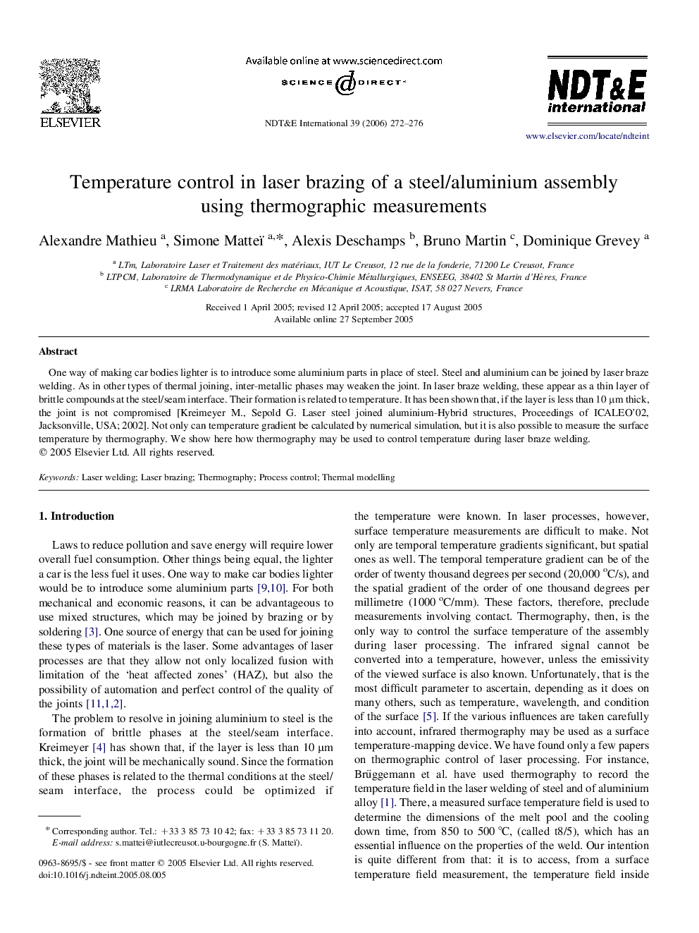 Temperature control in laser brazing of a steel/aluminium assembly using thermographic measurements