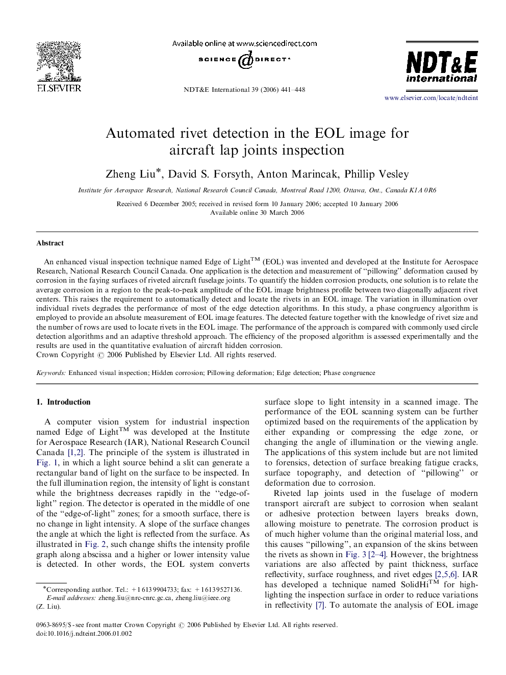 Automated rivet detection in the EOL image for aircraft lap joints inspection