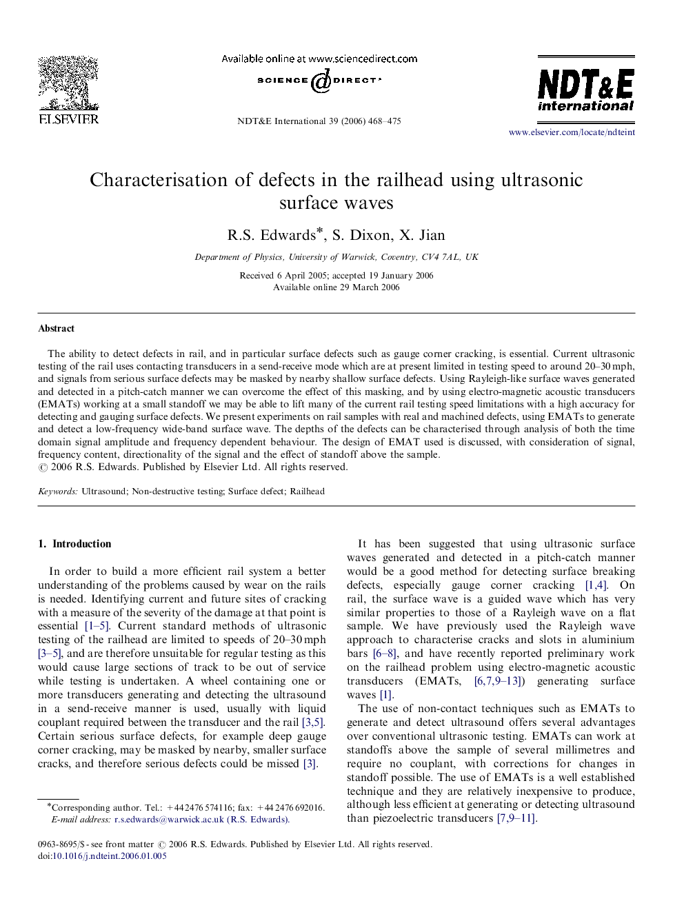 Characterisation of defects in the railhead using ultrasonic surface waves