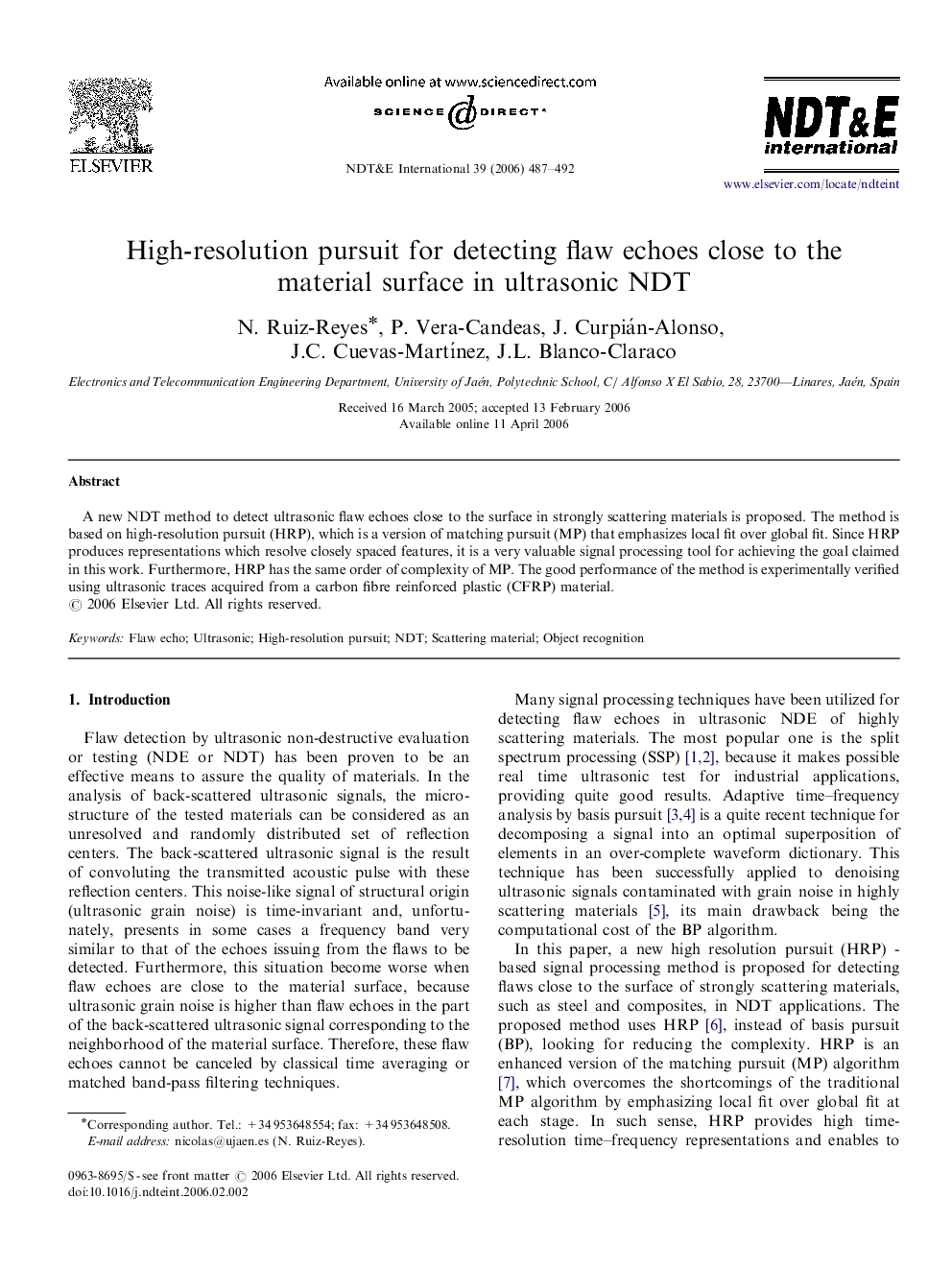 High-resolution pursuit for detecting flaw echoes close to the material surface in ultrasonic NDT