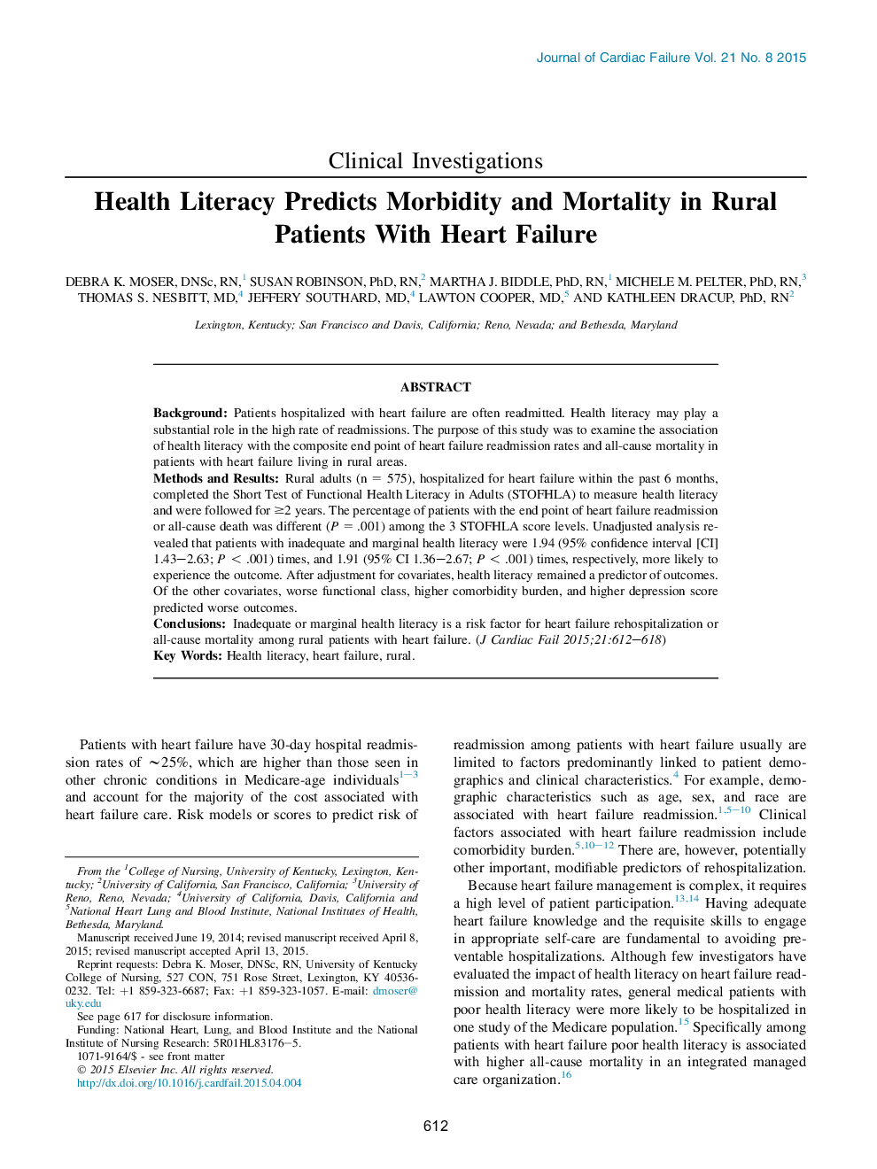 Health Literacy Predicts Morbidity and Mortality in Rural Patients With Heart Failure 