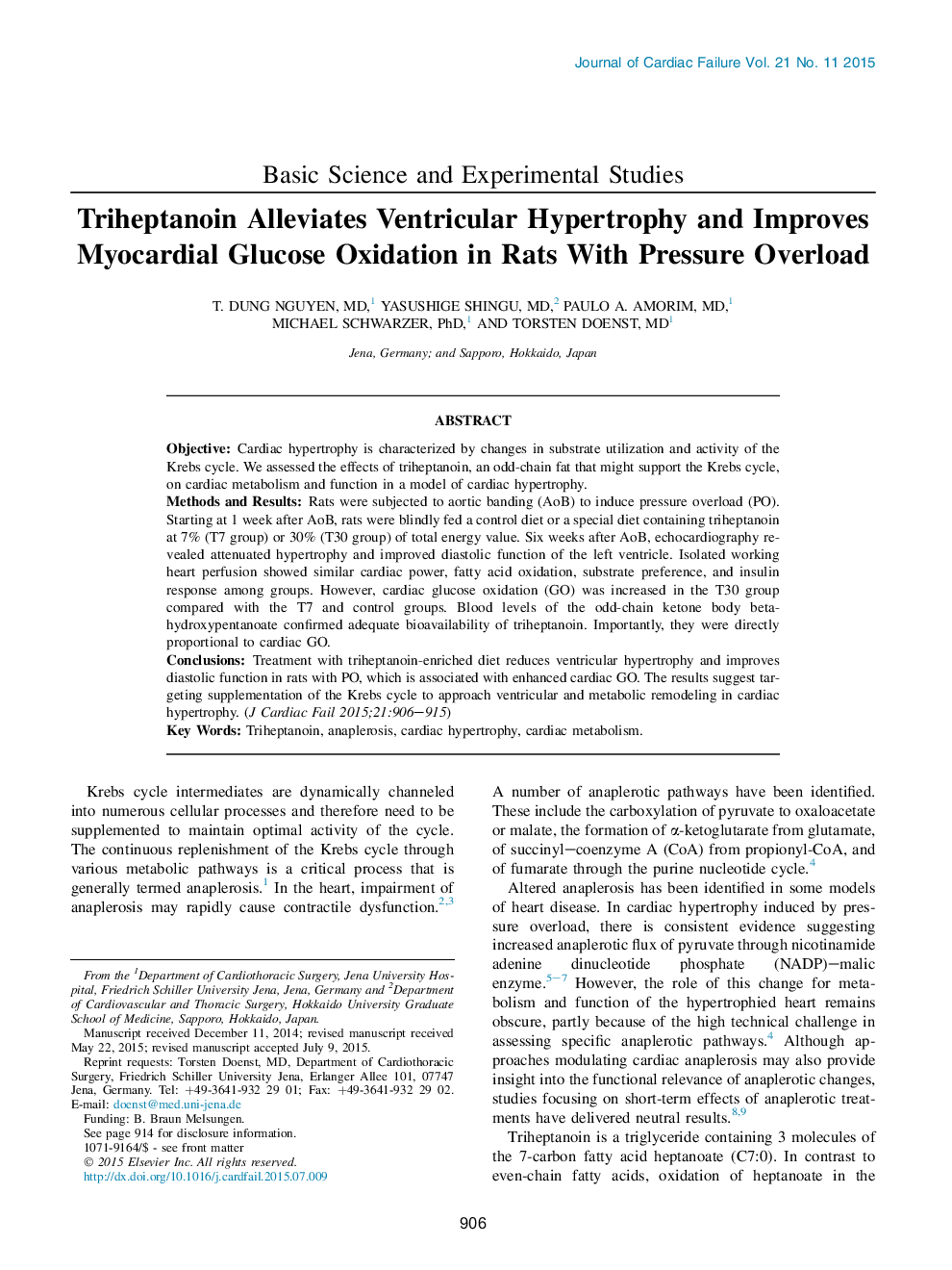 Triheptanoin Alleviates Ventricular Hypertrophy and Improves Myocardial Glucose Oxidation in Rats With Pressure Overload 