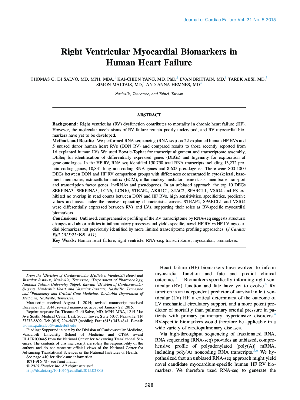 Right Ventricular Myocardial Biomarkers in Human Heart Failure 