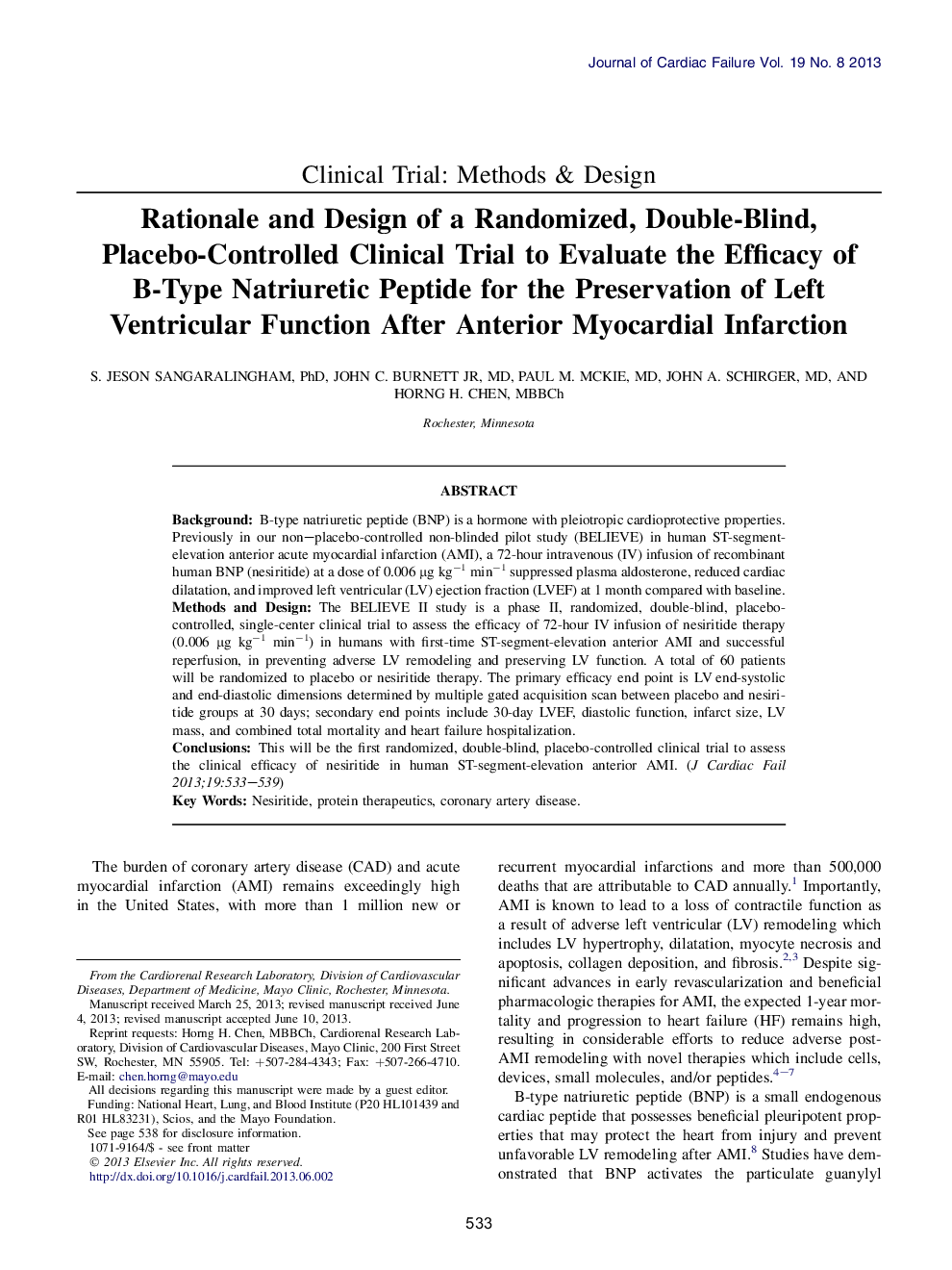 Rationale and Design of a Randomized, Double-Blind, Placebo-Controlled Clinical Trial to Evaluate the Efficacy of B-Type Natriuretic Peptide for the Preservation of Left Ventricular Function After Anterior Myocardial Infarction 