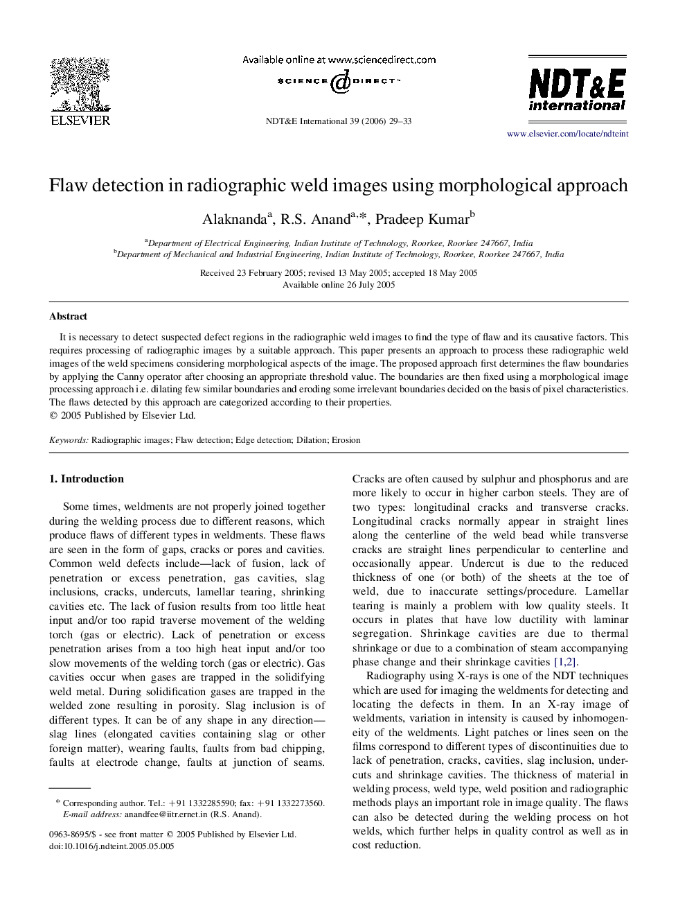 Flaw detection in radiographic weld images using morphological approach