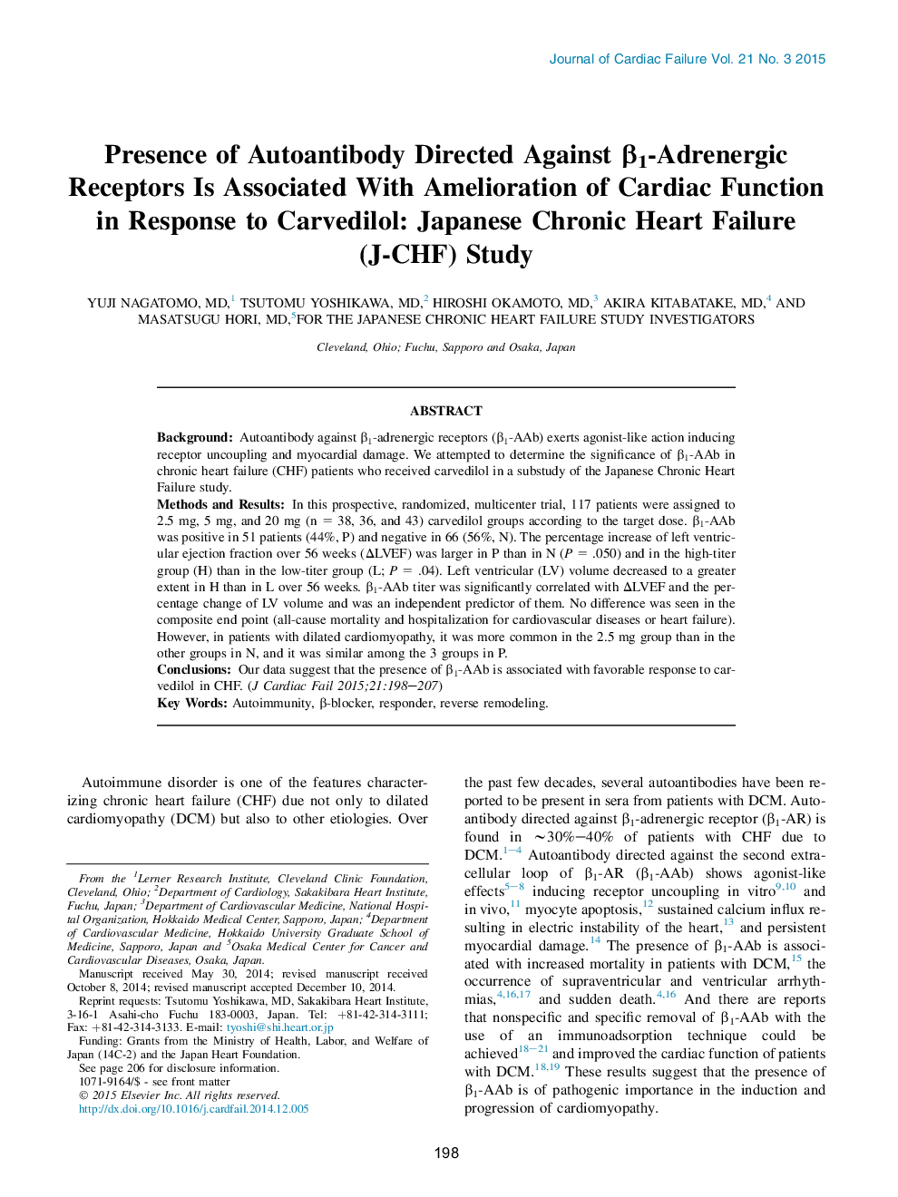 Presence of Autoantibody Directed Against β1-Adrenergic Receptors Is Associated With Amelioration of Cardiac Function in Response to Carvedilol: Japanese Chronic Heart Failure (J-CHF) Study 