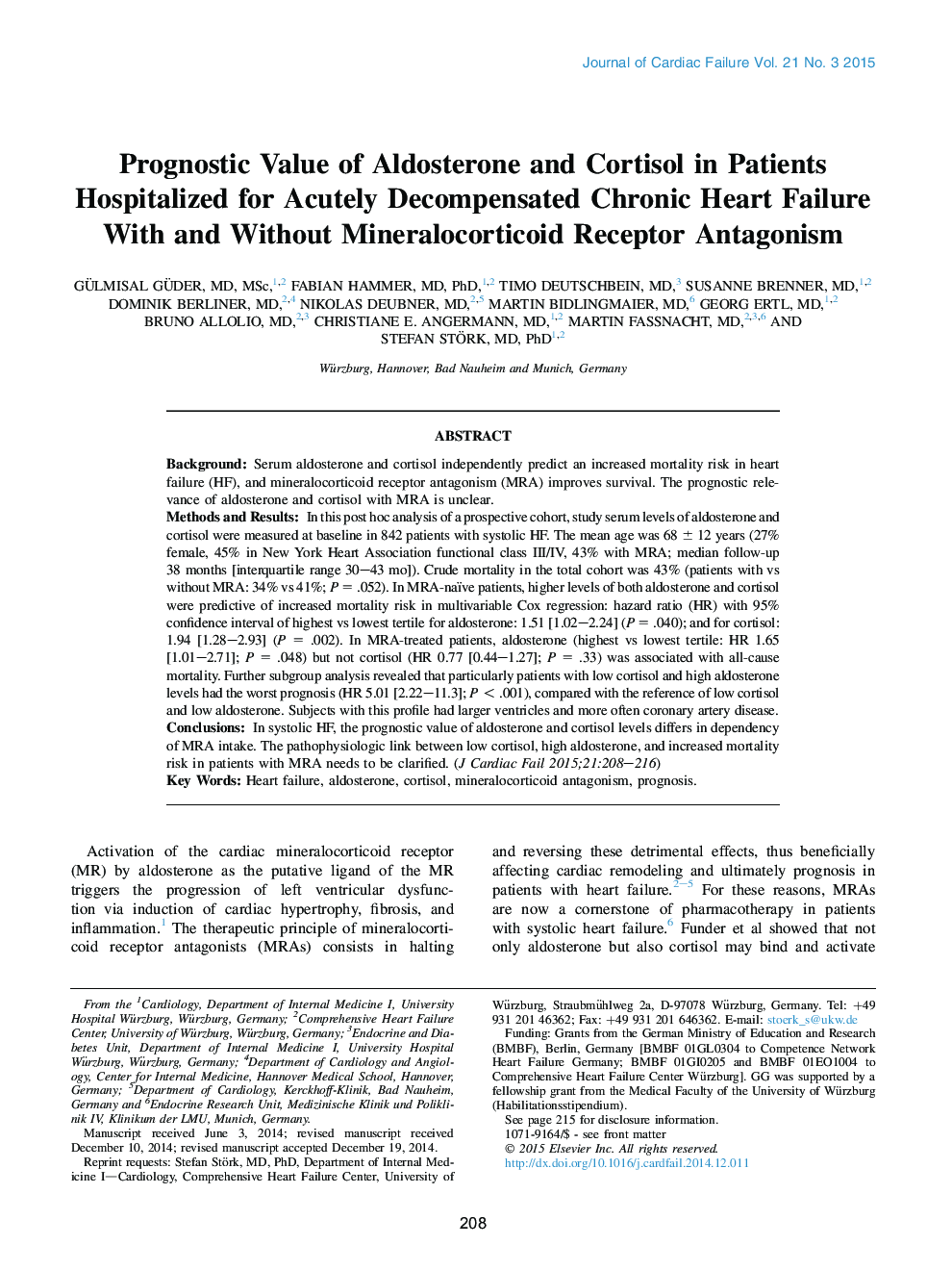 Prognostic Value of Aldosterone and Cortisol in Patients Hospitalized for Acutely Decompensated Chronic Heart Failure With and Without Mineralocorticoid Receptor Antagonism 