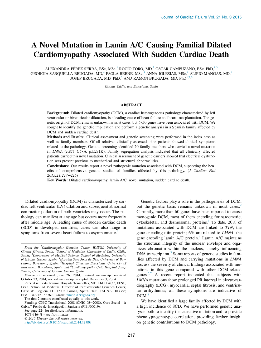 A Novel Mutation in Lamin A/C Causing Familial Dilated Cardiomyopathy Associated With Sudden Cardiac Death 