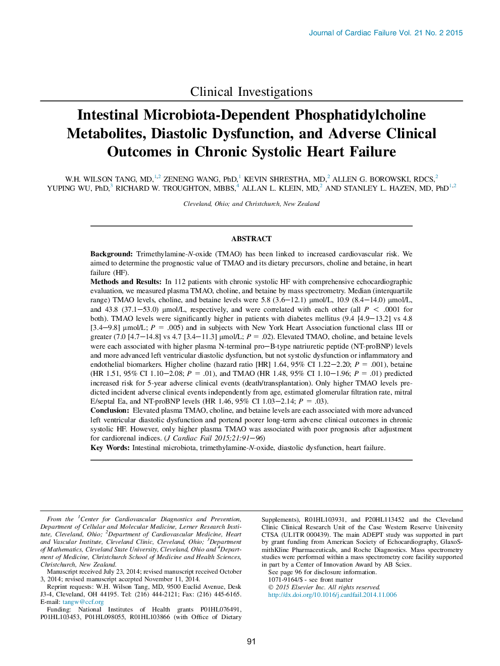 Intestinal Microbiota-Dependent Phosphatidylcholine Metabolites, Diastolic Dysfunction, and Adverse Clinical Outcomes in Chronic Systolic Heart Failure 