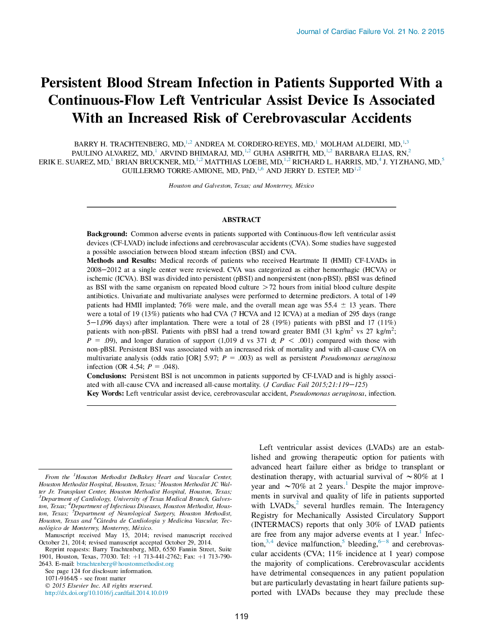 عفونت استرادیروئید پایدار در بیمارانی که با دستگاه پیوندی جریان خون بطن چپ پشتیبانی می شوند با افزایش خطر ابتلا به حوادث مغزی 