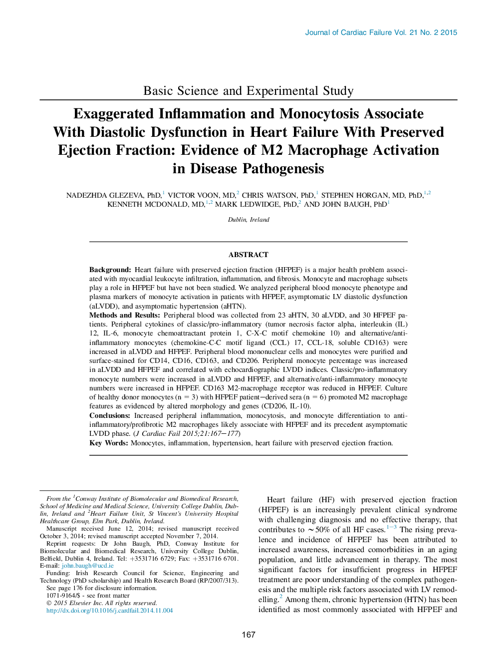 Exaggerated Inflammation and Monocytosis Associate With Diastolic Dysfunction in Heart Failure With Preserved Ejection Fraction: Evidence of M2 Macrophage Activation in Disease Pathogenesis 