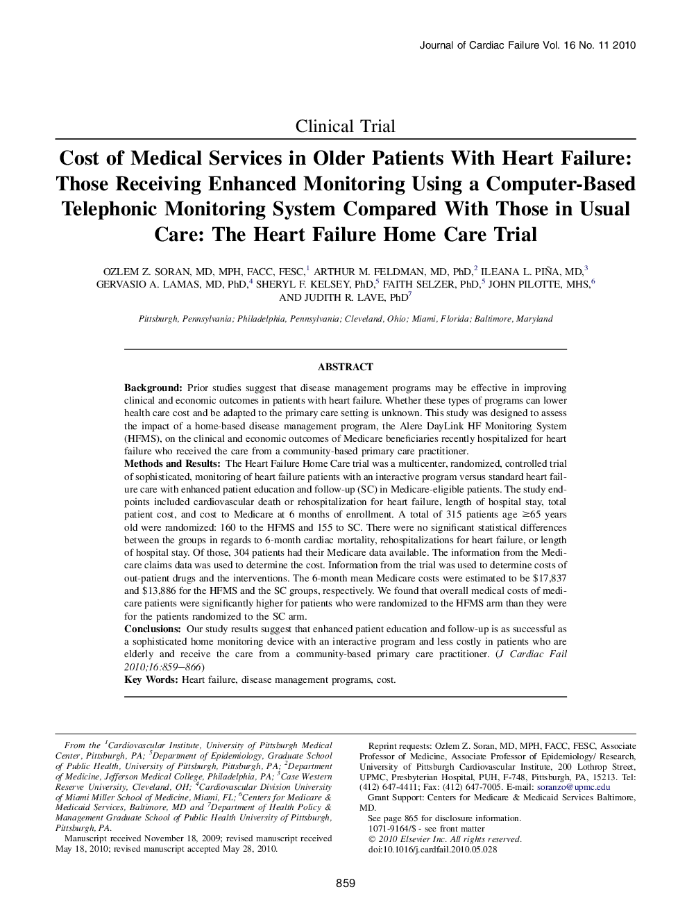 Cost of Medical Services in Older Patients With Heart Failure: Those Receiving Enhanced Monitoring Using a Computer-Based Telephonic Monitoring System Compared With Those in Usual Care: The Heart Failure Home Care Trial 