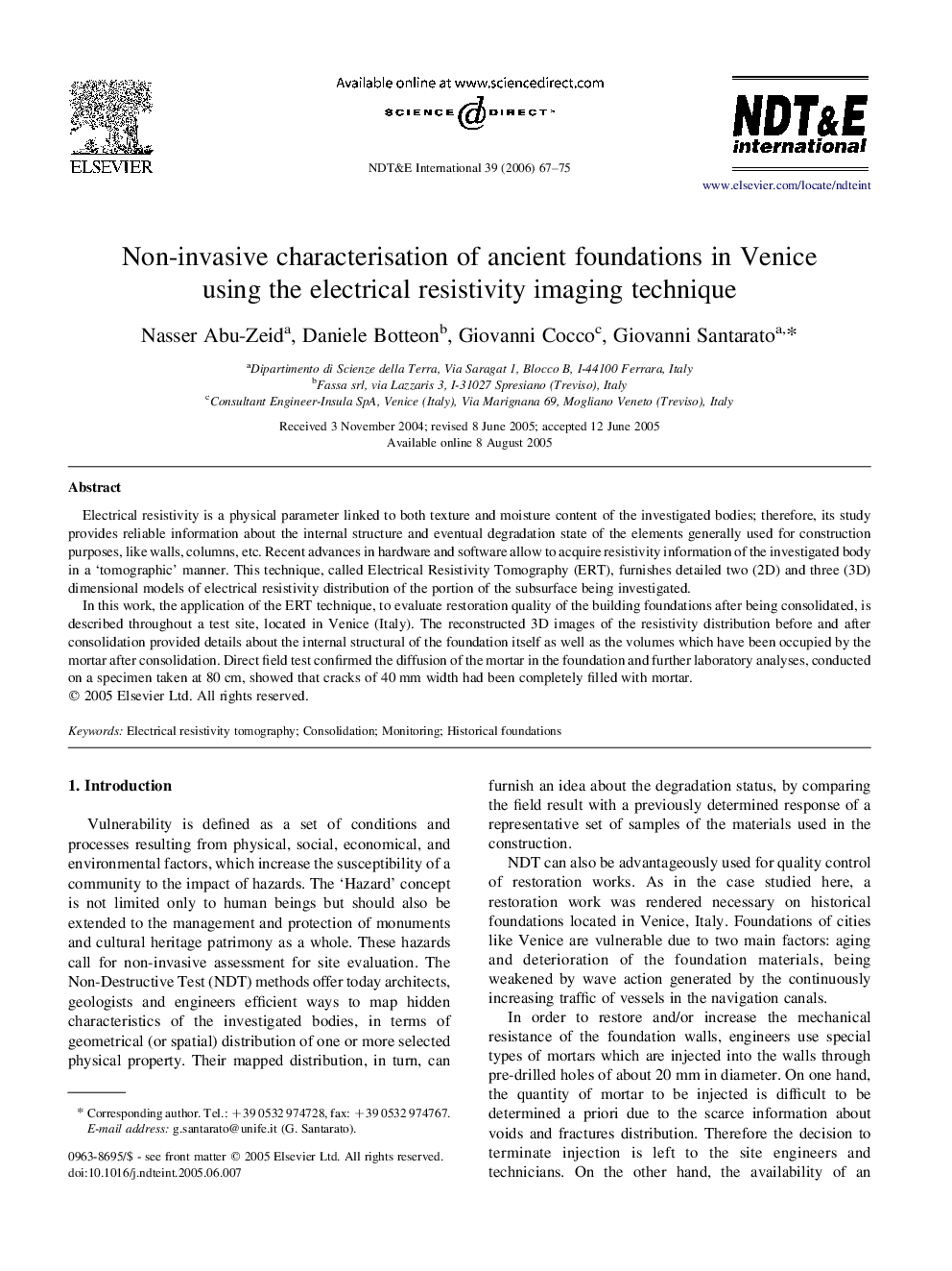 Non-invasive characterisation of ancient foundations in Venice using the electrical resistivity imaging technique