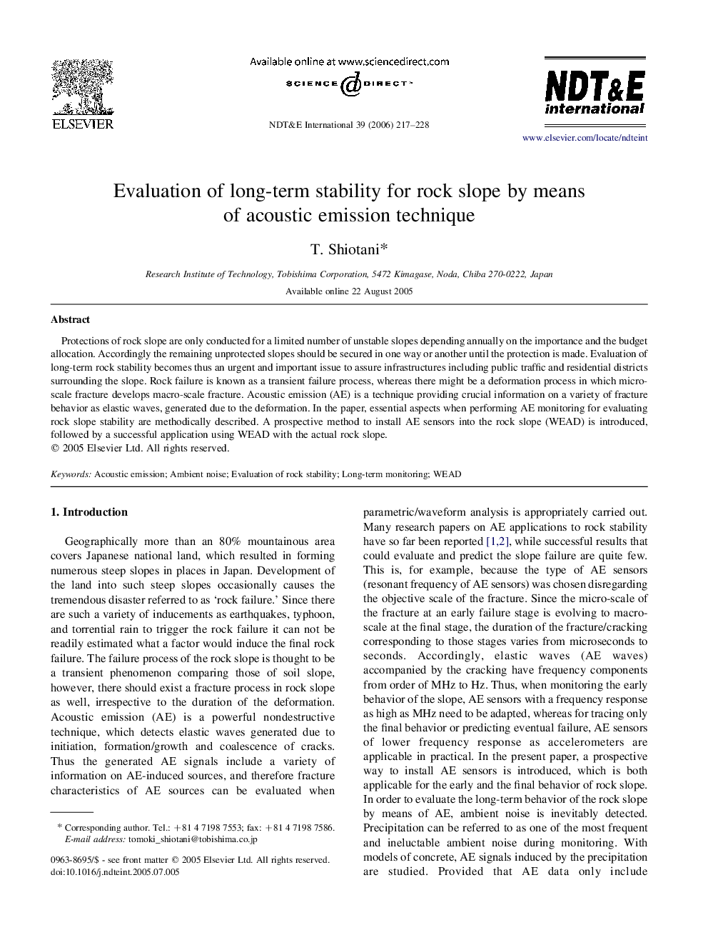Evaluation of long-term stability for rock slope by means of acoustic emission technique