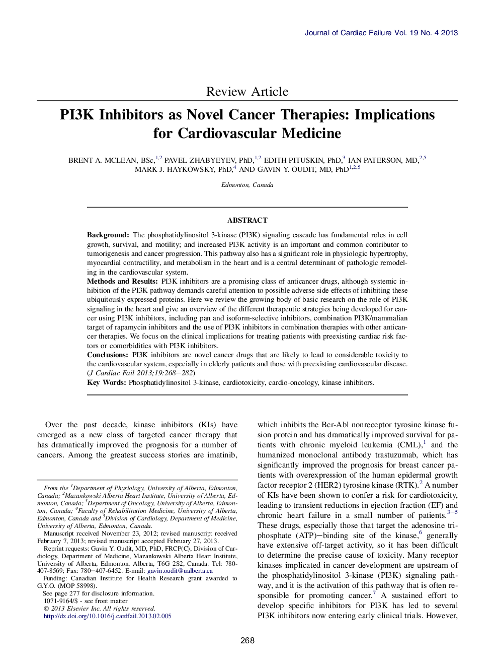 PI3K Inhibitors as Novel Cancer Therapies: Implications for Cardiovascular Medicine 