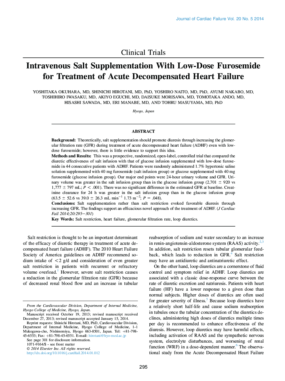 Intravenous Salt Supplementation With Low-Dose Furosemide for Treatment of Acute Decompensated Heart Failure 