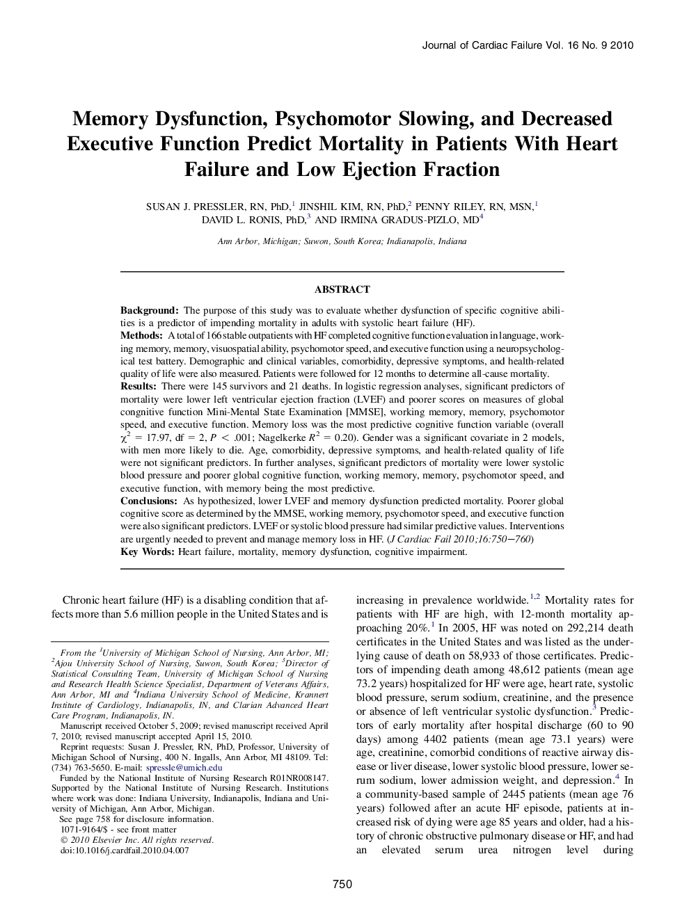 Memory Dysfunction, Psychomotor Slowing, and Decreased Executive Function Predict Mortality in Patients With Heart Failure and Low Ejection Fraction 