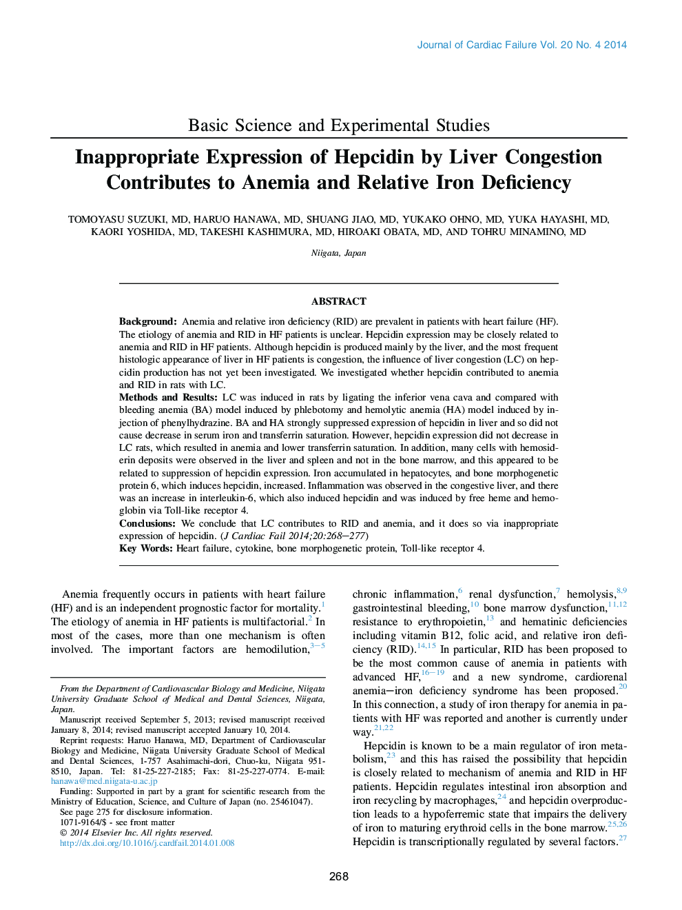 Inappropriate Expression of Hepcidin by Liver Congestion Contributes to Anemia and Relative Iron Deficiency 