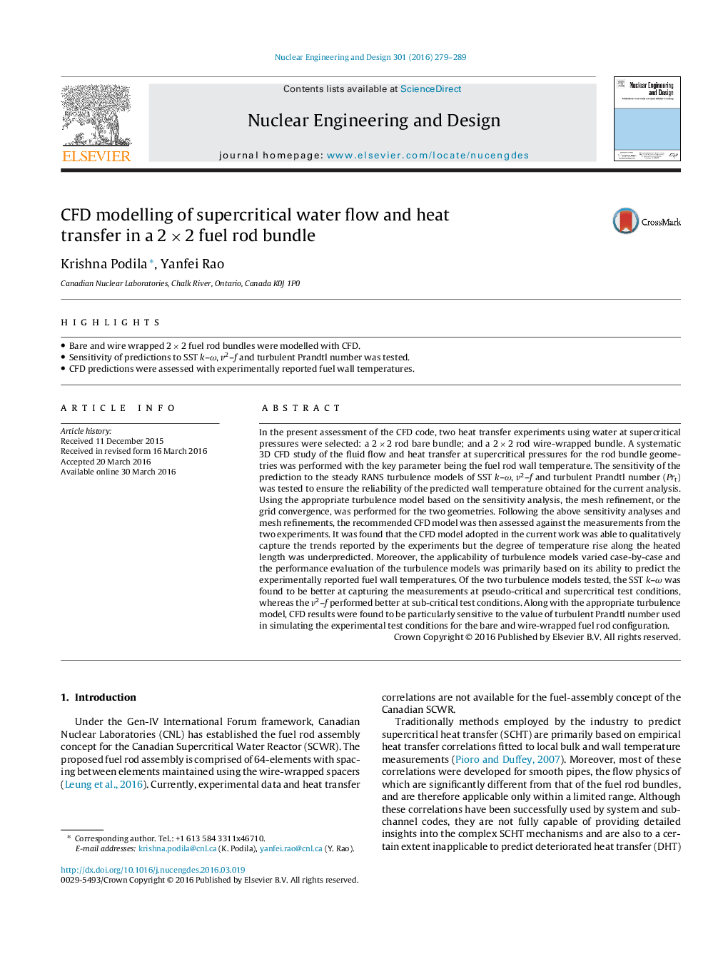 CFD modelling of supercritical water flow and heat transfer in a 2 × 2 fuel rod bundle