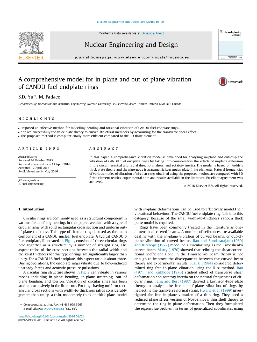 A comprehensive model for in-plane and out-of-plane vibration of CANDU fuel endplate rings