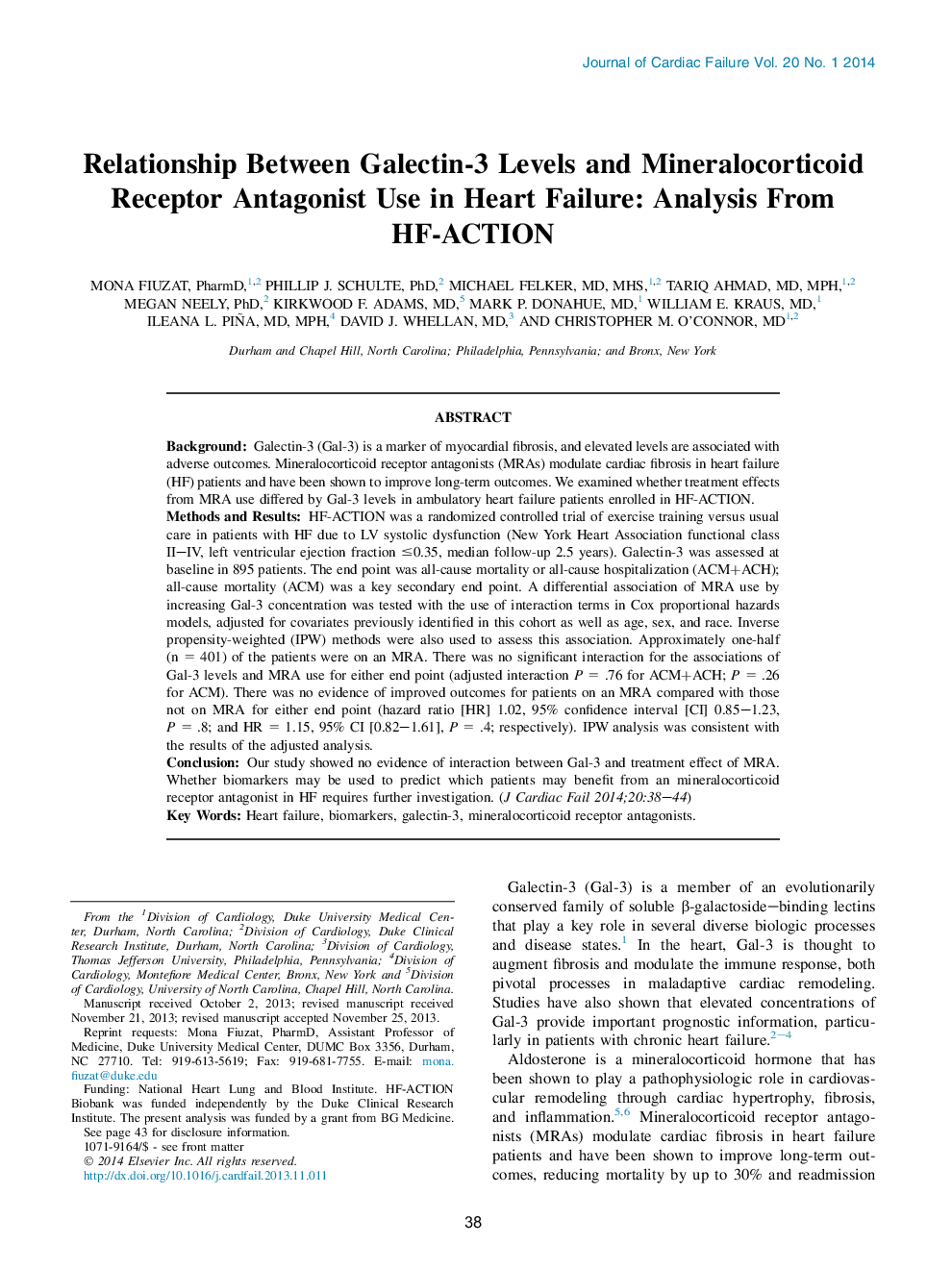 Relationship Between Galectin-3 Levels and Mineralocorticoid Receptor Antagonist Use in Heart Failure: Analysis From HF-ACTION 