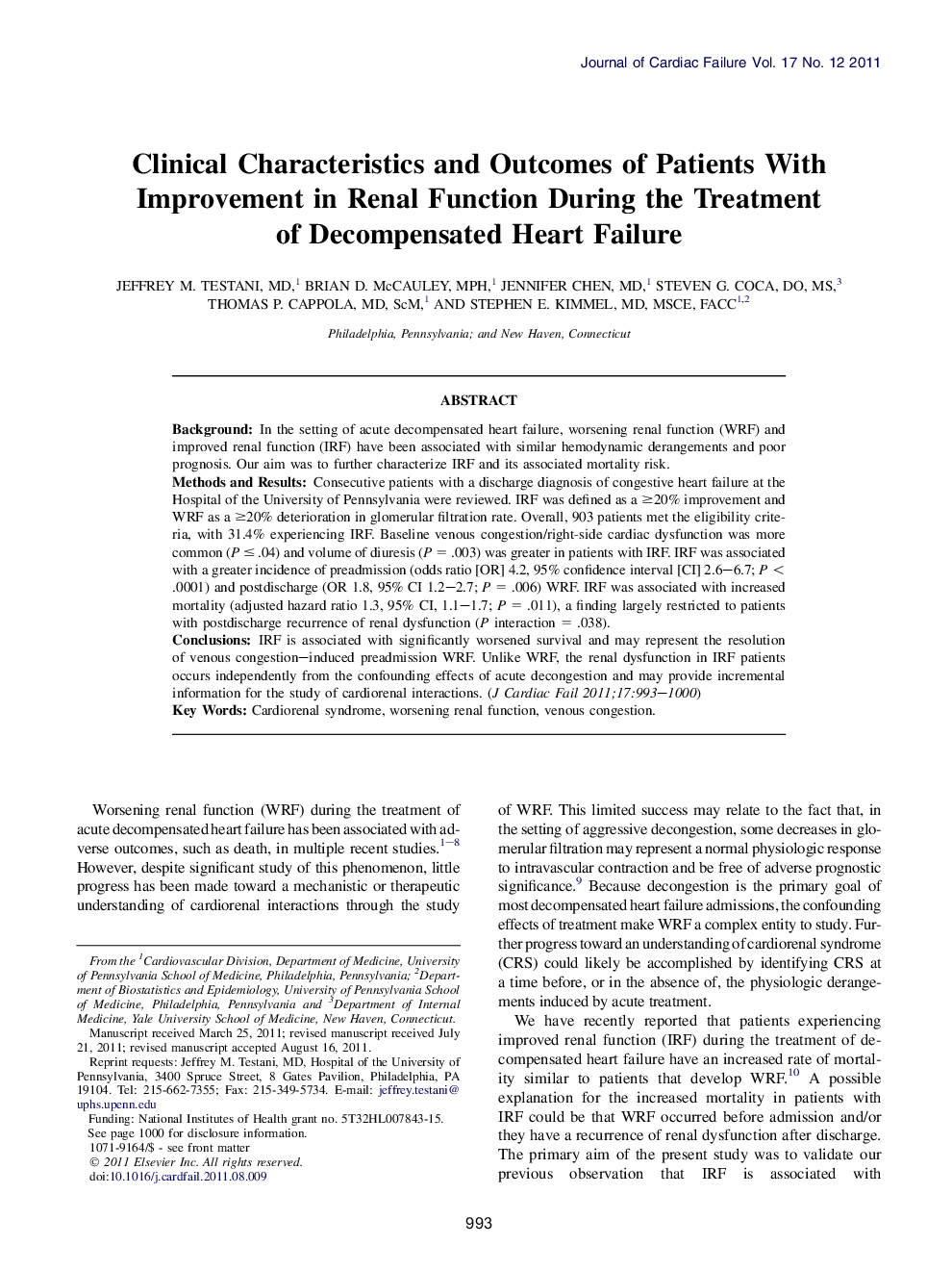 Clinical Characteristics and Outcomes of Patients With Improvement in Renal Function During the Treatment of Decompensated Heart Failure 